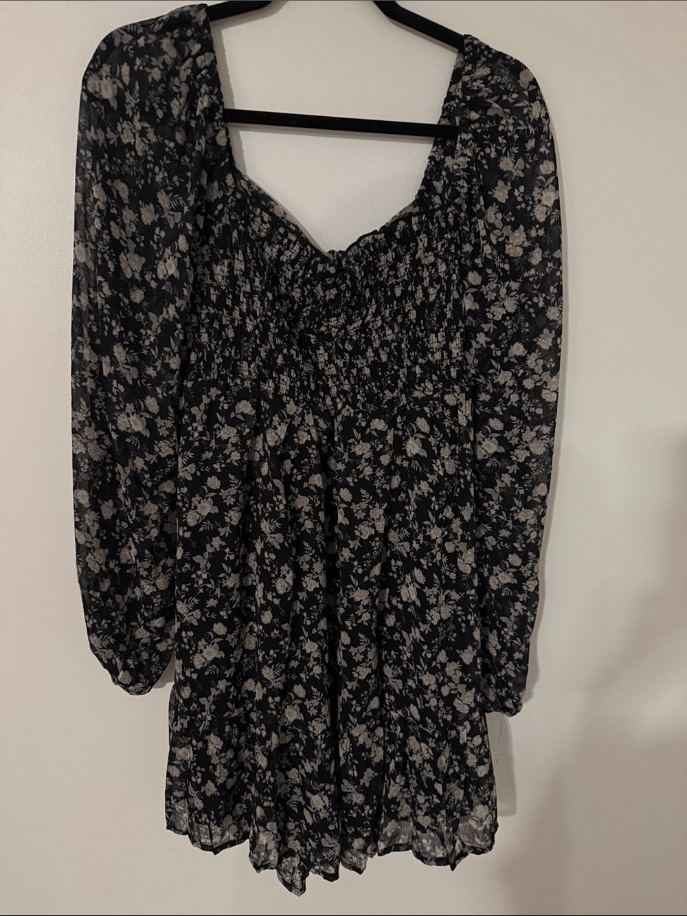 Altar'd State Black and Cream Floral Long-Sleeve Smocked Mini Dress